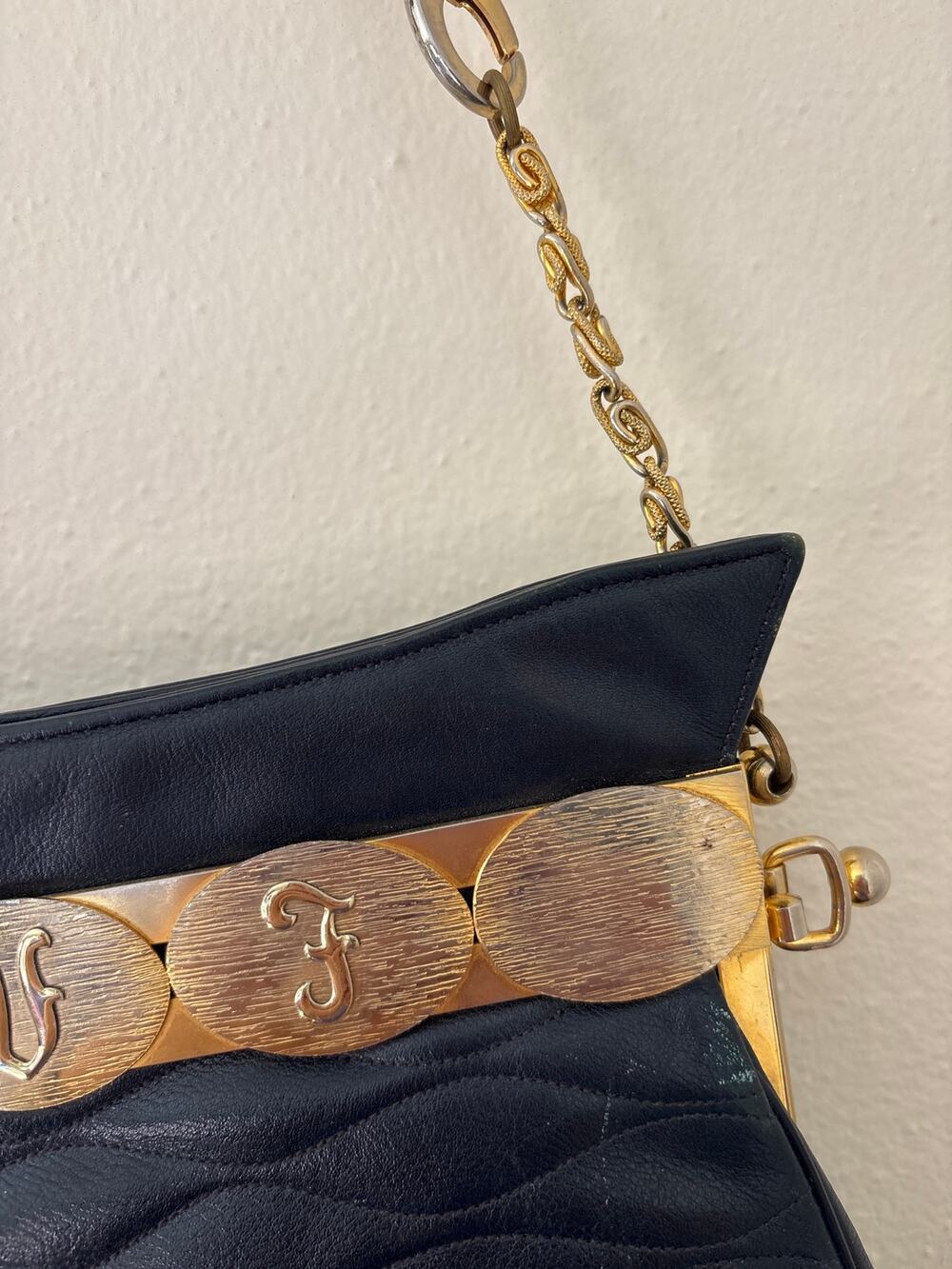 Vintage Harry Rosenfeld Navy Leather Evening Bag Quilted Wave Monogram Frame 50s